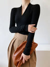 Elegant V-Neck Women's Blouse with Long Sleeves in solid color, perfect for casual and office wear, made from cotton-polyeste