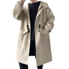 Stylish men's mid-length trench coat with hood, big pockets, windproof, perfect for autumn and spring outdoor activities.