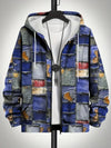 Retro-style men's hoodie featuring colorful plaid panels and convenient zip-front closure