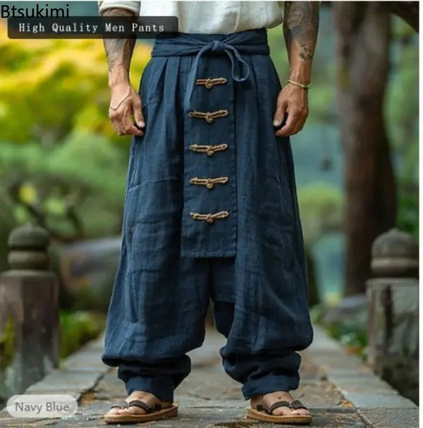 Navy blue cotton linen wide leg pants with lace-up waist detail for men's vintage streetwear