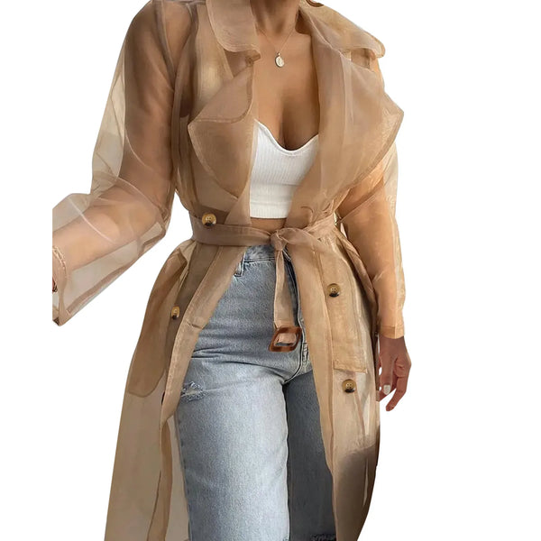 Full-length view of sunshield trench coat with belt tied at natural waist