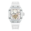 Back view of the manual mechanical watch revealing the tourbillon feature.