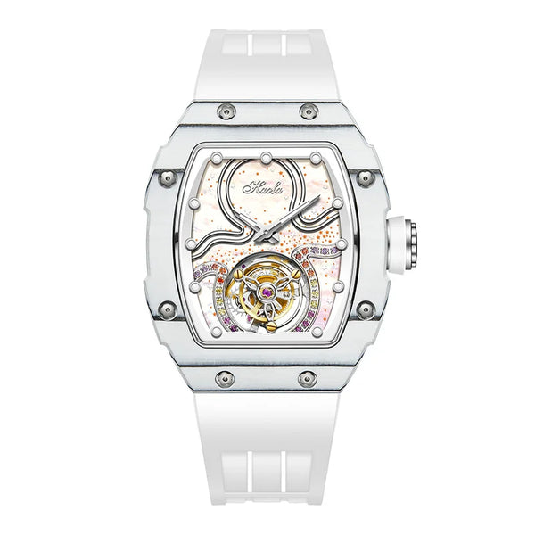 Back view of the manual mechanical watch revealing the tourbillon feature.