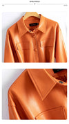 Chic women's sheepskin leather jacket with turn-down collar, lace-up belt, and adjustable waist for a stylish fit.