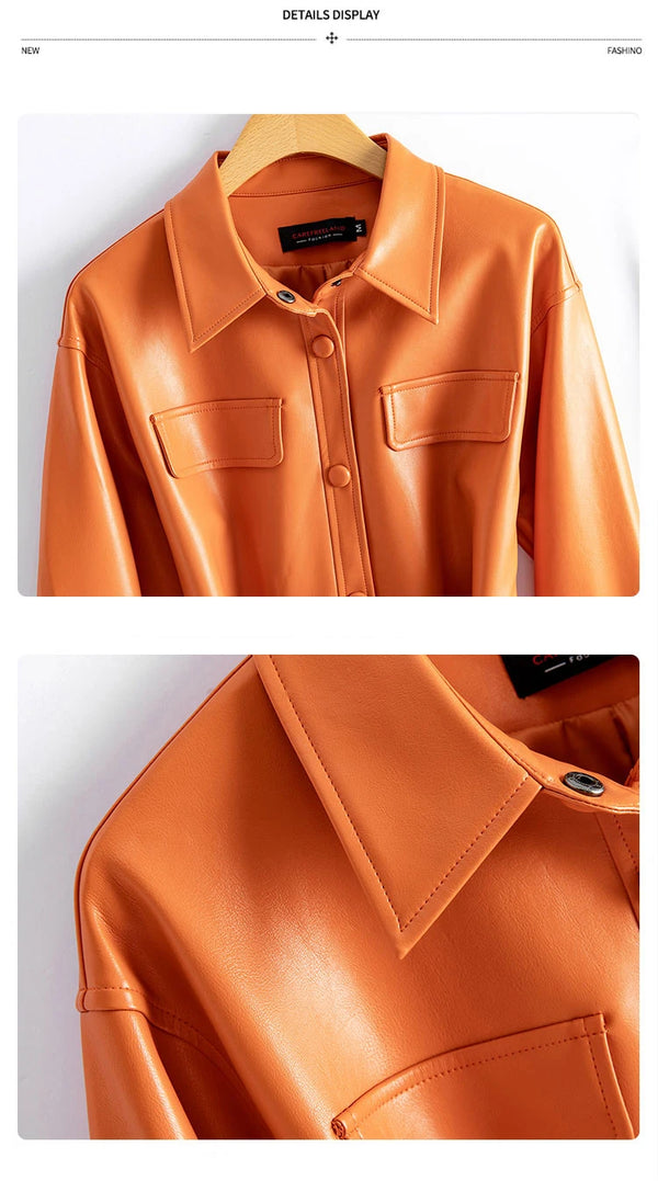 Chic women's sheepskin leather jacket with turn-down collar, lace-up belt, and adjustable waist for a stylish fit.