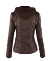 Chic hooded faux leather jacket for women in black, perfect for autumn and winter, featuring a detachable hood and zip-up clo