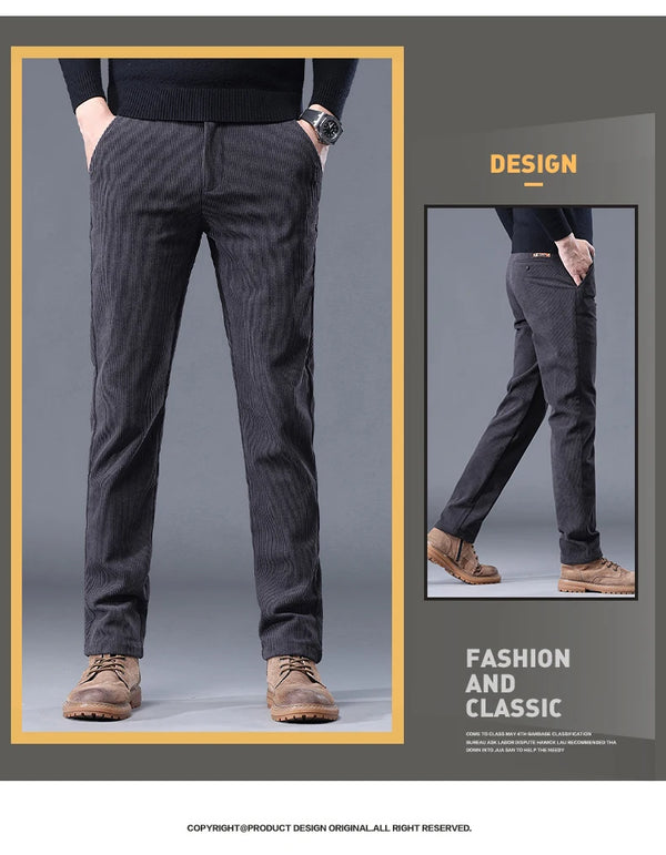 Warm corduroy stretch pants with soft fleece lining and secure zipper