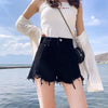 Casual distressed shorts with functional zipper fly and loose leg openings