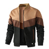 Men's trendy color block bomber jacket in US sizes, perfect for all-season wear and stylish casual outfits.