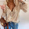 Elegant Boho Lace V-Neck Blouse for women, featuring delicate lace, relaxed fit, and lightweight fabric for casual sophistica