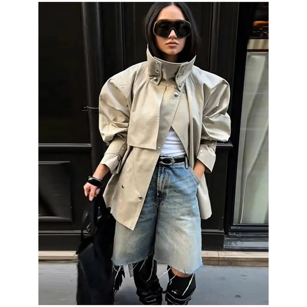 Classic khaki trench with stand collar and smooth polyester fabric