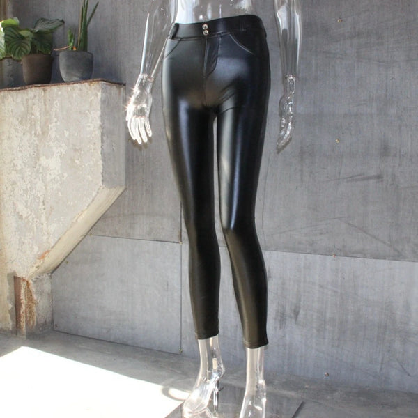 Back view of chic faux leather leggings, demonstrating the sculpting effect and smooth silhouette.