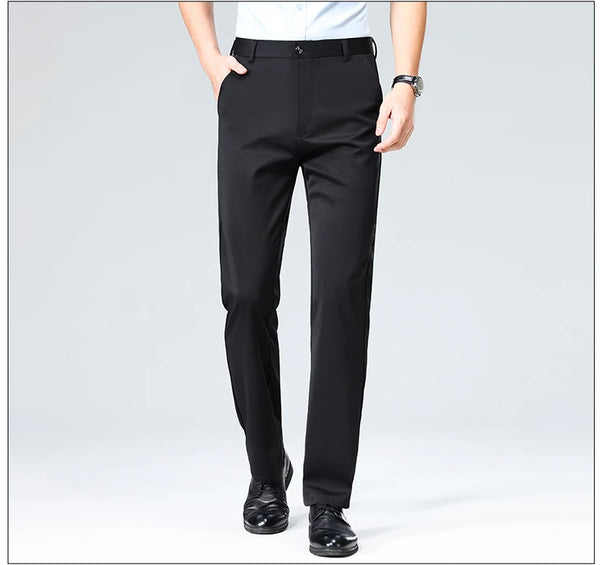 Black dress pants with stretch knit construction for comfortable all-day office wear