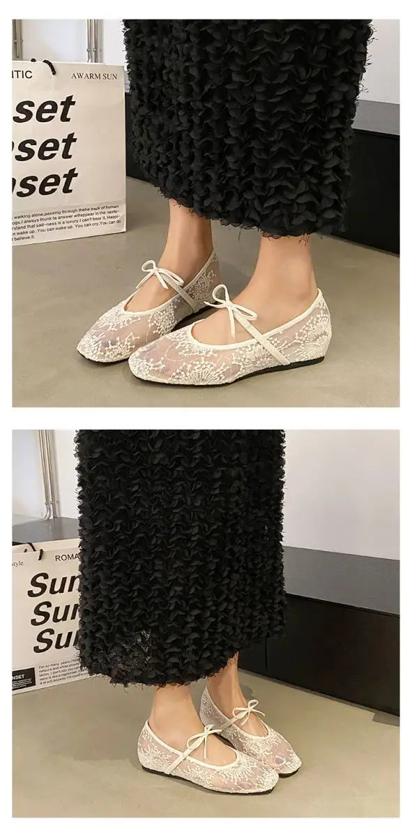 Detailed shot of embroidered ballet flats showing bow accent and true-to-size construction