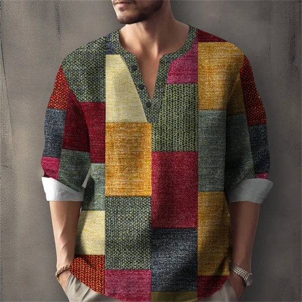 Men's geometric pattern henley shirt with pullover design and full-length sleeves