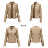 Chic women's slim leather biker jacket with zip detail, stand-up collar, and tailored fit for a stylish urban look.