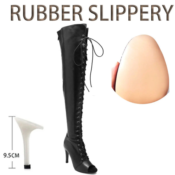 Elegant peep toe thigh-high boots with thin stiletto heel and latex cushioning