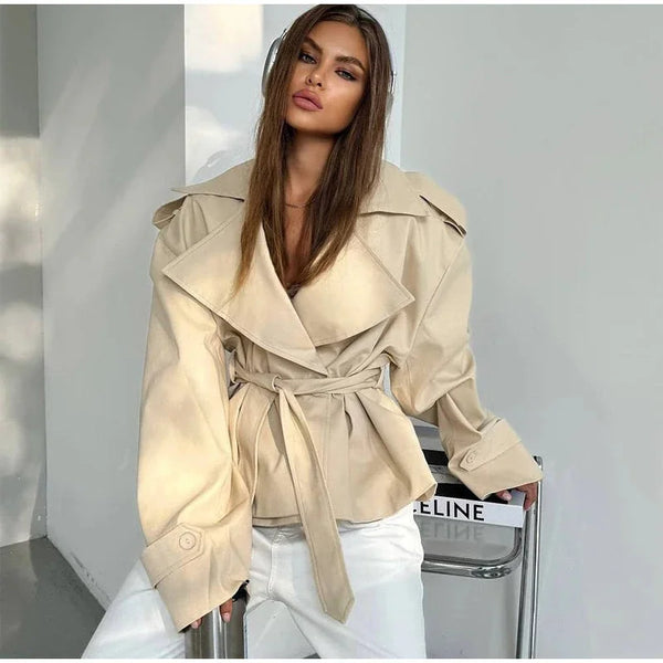 Women's belted polyester trench with sophisticated button front