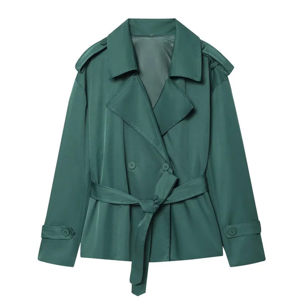 Women's short trench with tie belt and sophisticated button detail