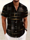 Geometric grid short sleeve shirt with turndown collar in modern pattern on white background