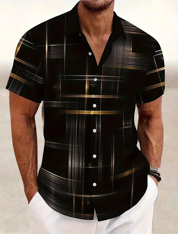 Geometric grid short sleeve shirt with turndown collar in modern pattern on white background
