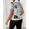 Chic Newspaper Print Blouse featuring a V-neck, short sleeves, and a stylish editorial pattern for casual summer wear.
