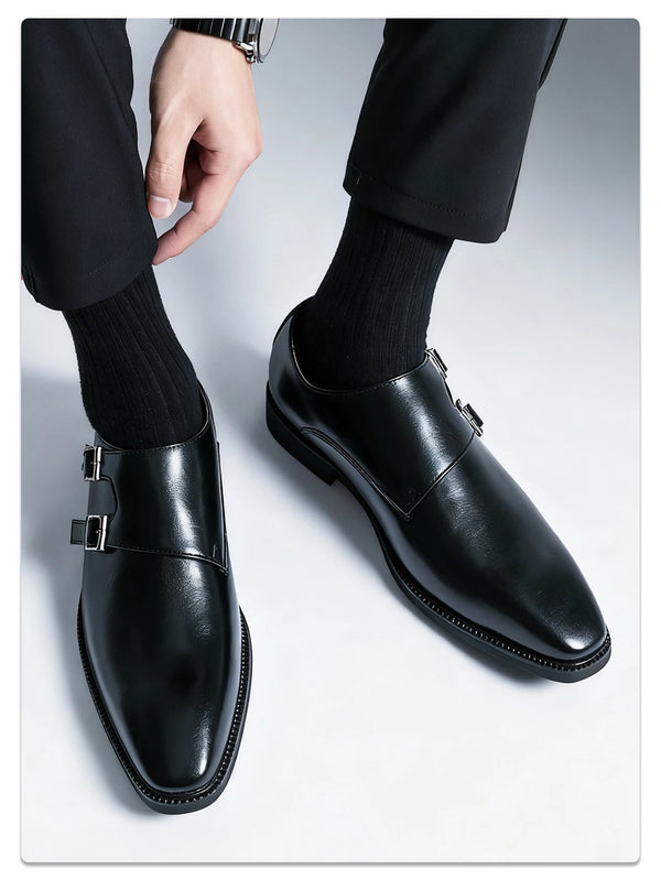 Men's formal leather oxfords with architectural monk strap design