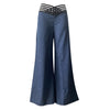 Elegant high-waist flared trousers for women with crisscross sheer mesh patch, perfect for office and casual wear.