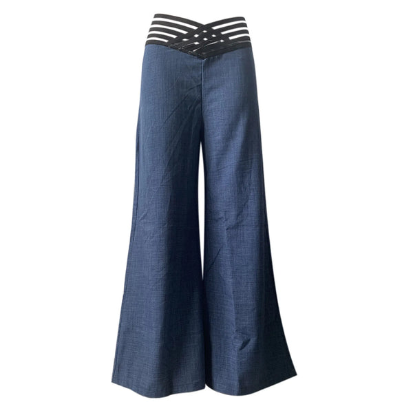 Elegant high-waist flared trousers for women with crisscross sheer mesh patch, perfect for office and casual wear.