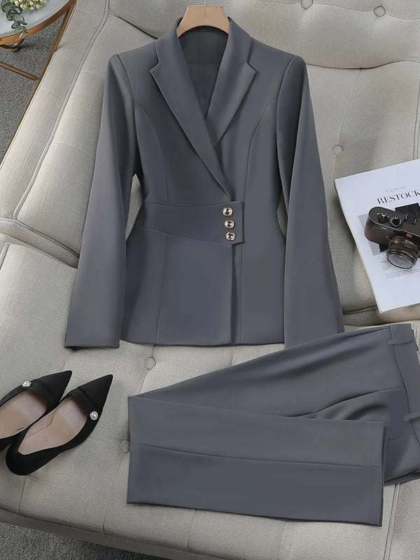 Full view of the tailored power suit, ideal for autumn and winter business meetings with a sleek office fashion.