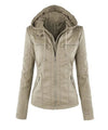 Chic hooded faux leather jacket for women in black, perfect for autumn and winter with a stylish zip-up design and functional