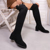 Chic over-the-knee women's winter boots with flannel upper, pointed toe, and square heel for stylish cold weather wear.