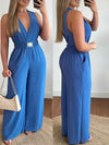 Deep V-neck one-piece jumpsuit with breezy wide-leg pants