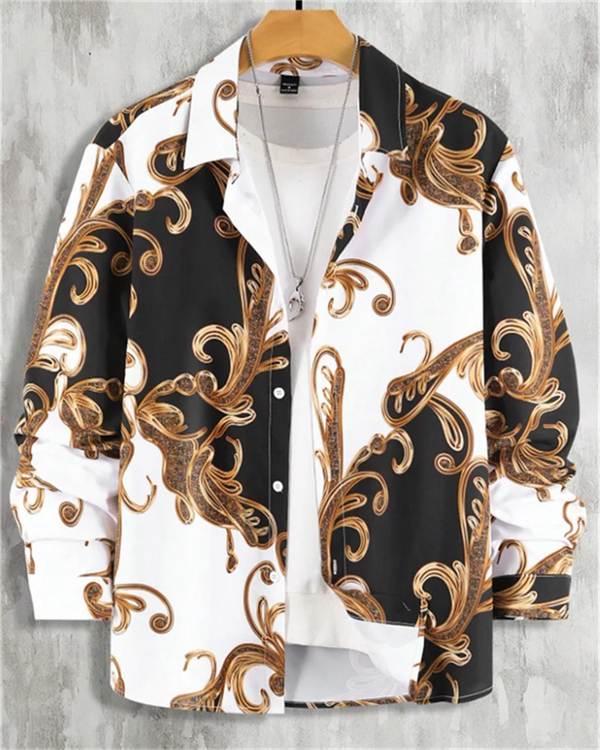 Stylish men's casual silk blend shirt in slim fit with turn-down collar and eye-catching 3D print for modern fashion.