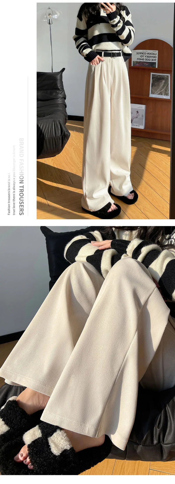 Chic high-waist corduroy wide-leg pants for women, perfect for autumn fashion and casual office wear. Stylish and comfortable