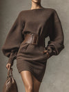 Flat lay of Midnight Muse Off-Shoulder Sweater Dress with accessories for a trendy date night outfit.