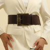 Vintage wide belt for women in black faux leather with metal buckle, perfect for casual or formal wear and stylish outfits.
