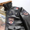 Front view of the Top Gun inspired leather bomber jacket with a snug fit.