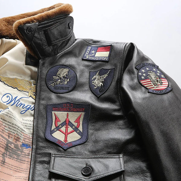 Front view of the Top Gun inspired leather bomber jacket with a snug fit.