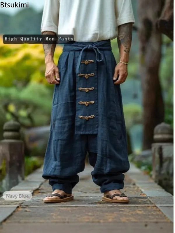 Men's loose fit ankle-length pants in breathable cotton linen blend with elastic waistband