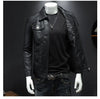 Men's Slim Fit PU Leather Moto Jacket with zipper closure, waterproof features, and stylish design for all seasons.