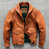 Close-up of the classic collar on the men's slim fit leather jacket.