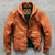 Close-up of the classic collar on the men's slim fit leather jacket.