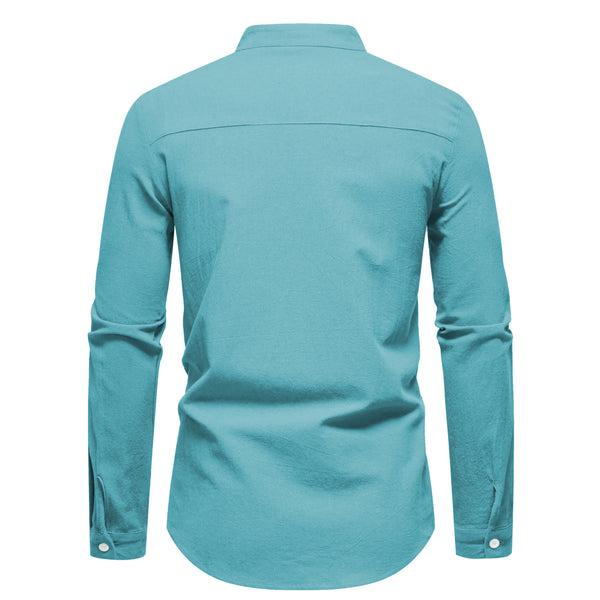 Men's solid color cotton shirt with contemporary stand collar and regular fit