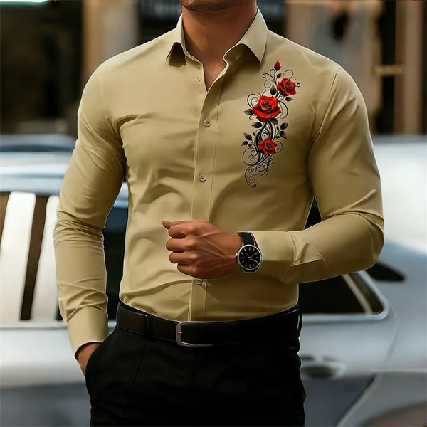 Vintage style long-sleeved shirt featuring bold red rose design