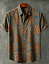 Men's casual short sleeve shirt with wanderlust-inspired tribal print and traditional collar styling