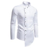 Vintage-style men's casual dress shirt with stand collar, irregular hem, and solid pattern for versatile wear.