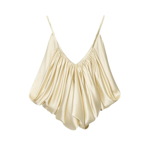 Sophisticated backless camisole in lustrous satin with pleated front