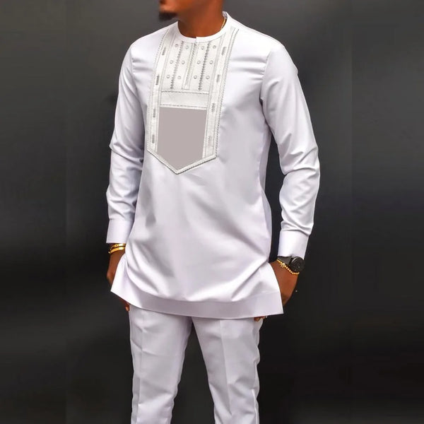 Colorful two-piece African set with coordinated patchwork prints on shirt and pants