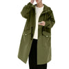 Stylish men's mid-length trench coat with hood, big pockets, and windproof features for autumn and spring outdoor wear.
